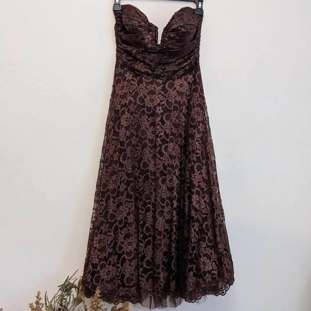 Niki Lavis Strapless Chocolate Brown Lace Cocktail Dress